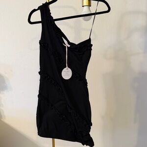 Chic One-Shoulder Black Dress with Ruffle Accents